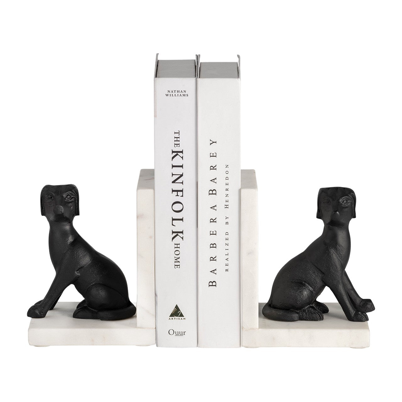 Two black dog-shaped bookends holding three books upright.