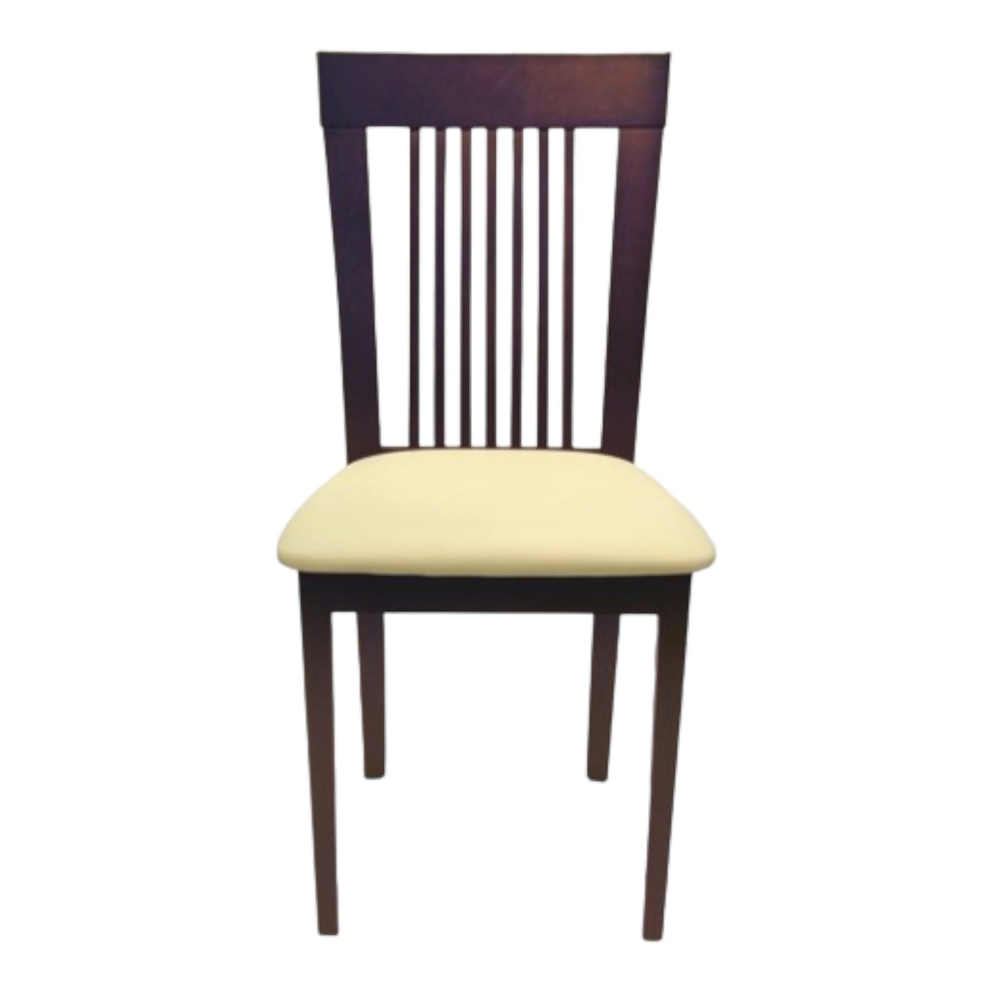 Wooden chair with vertical slats and a light cushioned seat.