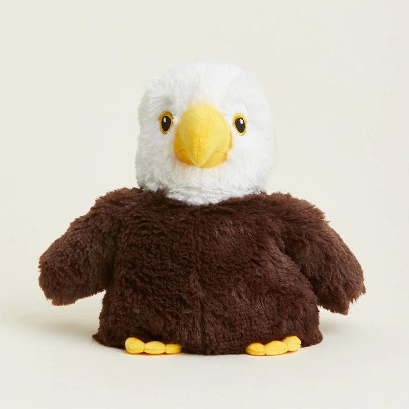 Plush eagle toy with a white head and brown body.
