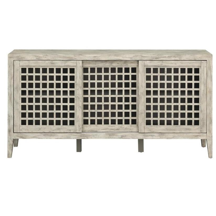 Rustic wood sideboard with lattice design doors.