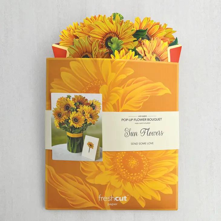 Sunflower pop-up bouquet packaging with vibrant floral design.