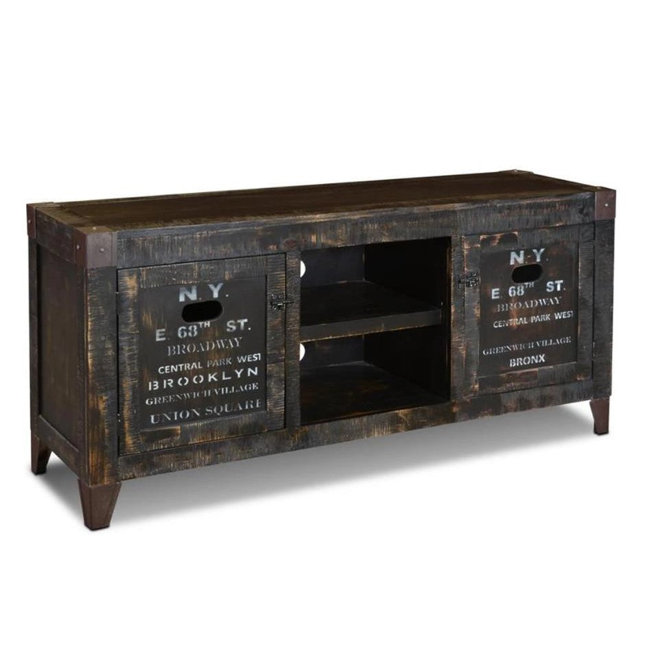 Vintage industrial cabinet with NYC-themed lettering, featuring shelves and doors.