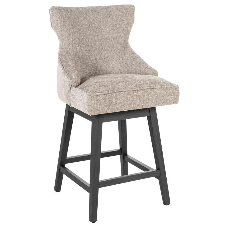 Beige upholstered barstool with dark wooden legs.