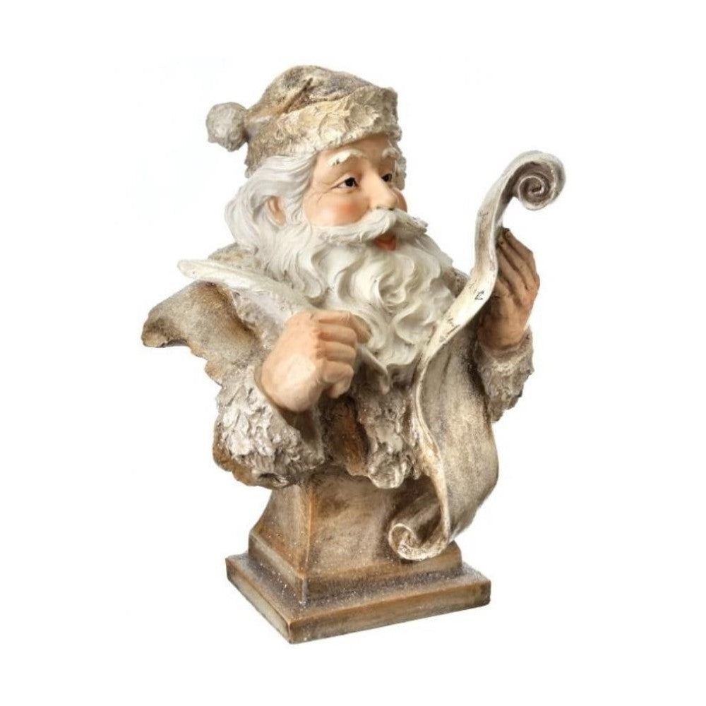 Santa Claus bust holding a scroll, wearing festive attire.