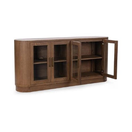 Wooden cabinet with glass doors, open to show shelves inside.
