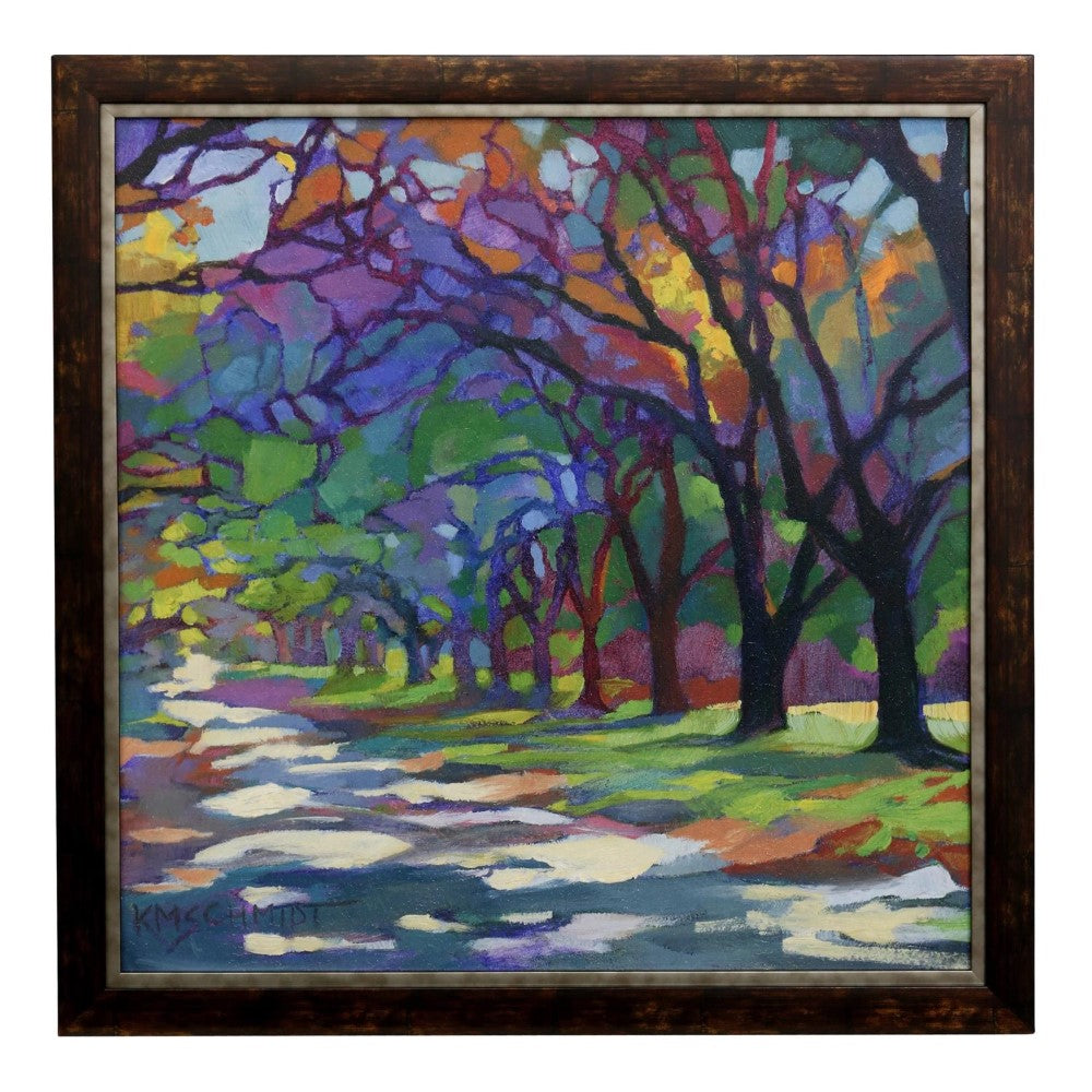 Colorful impressionist painting of a tree-lined path.