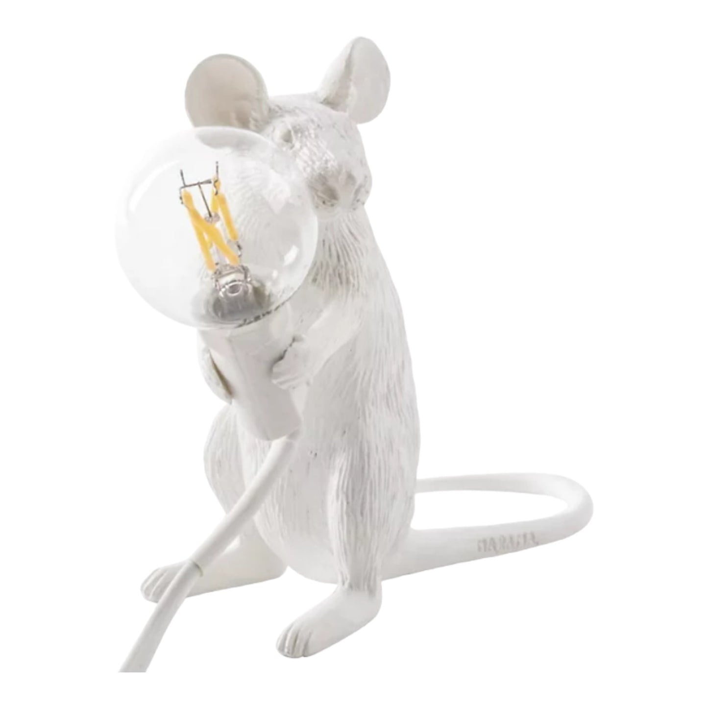 White mouse lamp holding a lightbulb.