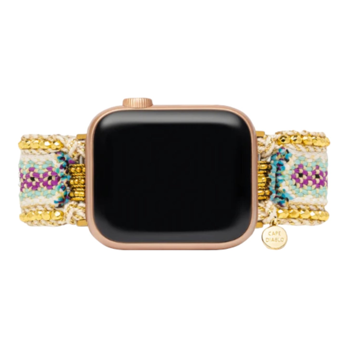 Smartwatch with a beaded, colorful band featuring gold accents.