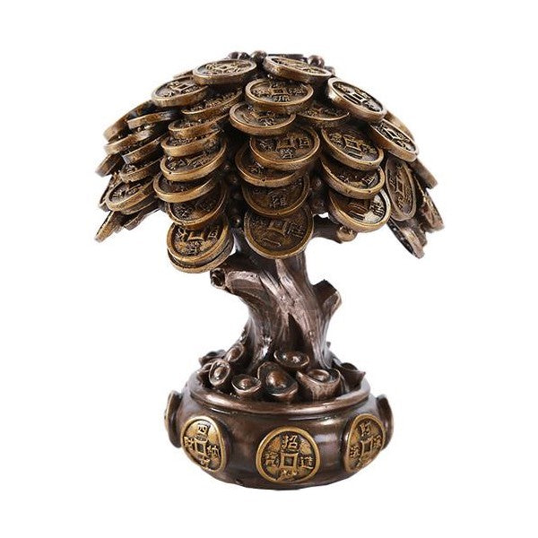Bronze coin tree sculpture with detailed coins and textured base.