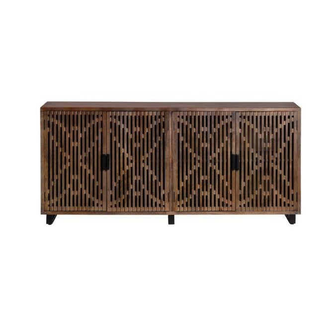 Wooden sideboard with a geometric lattice door design.