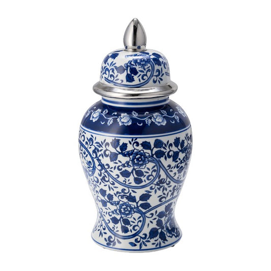 Picture of Blue and White Floral Vine Temple Jar, Silver Accents