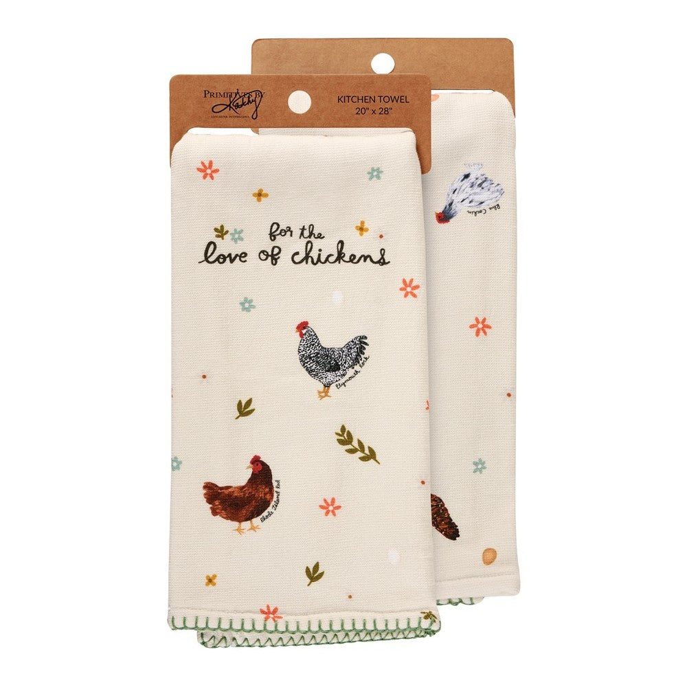 Kitchen towels with chicken illustrations and floral patterns.