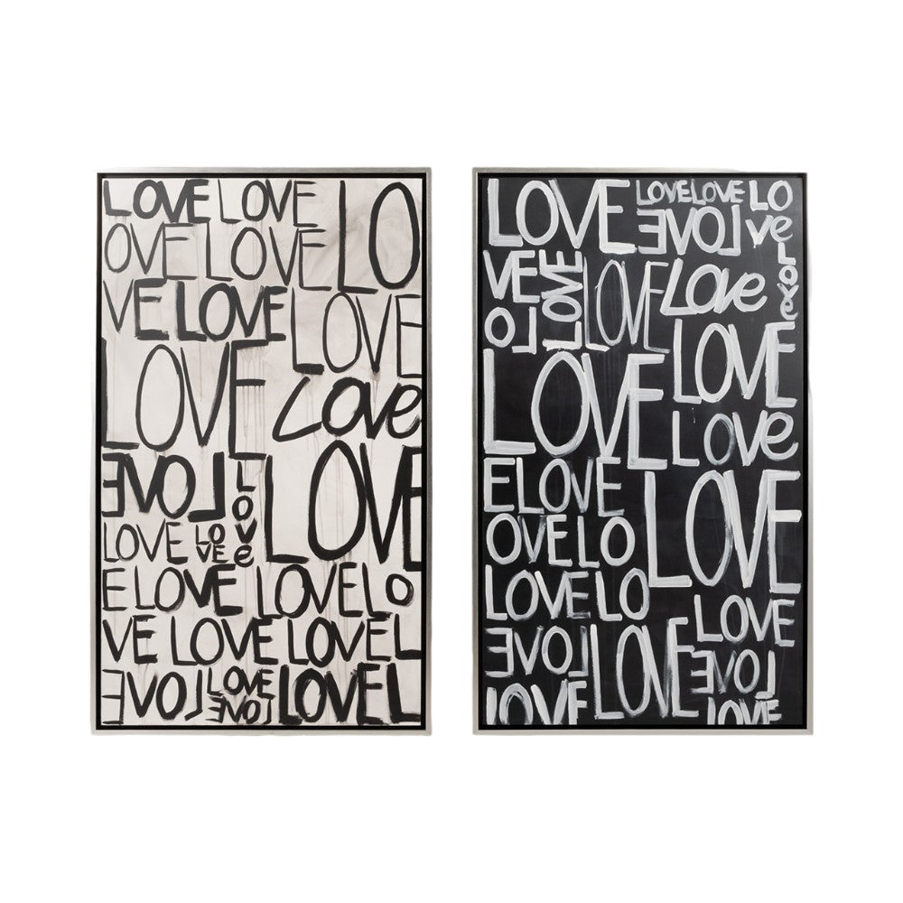 Two abstract panels featuring varied "LOVE" text designs in black and white.