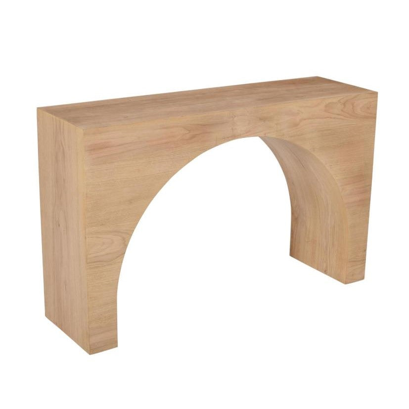 Wooden console table with an arch cutout design.