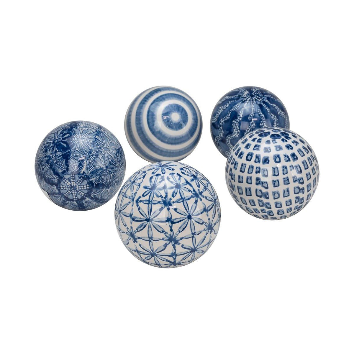 Five decorative blue and white patterned balls.