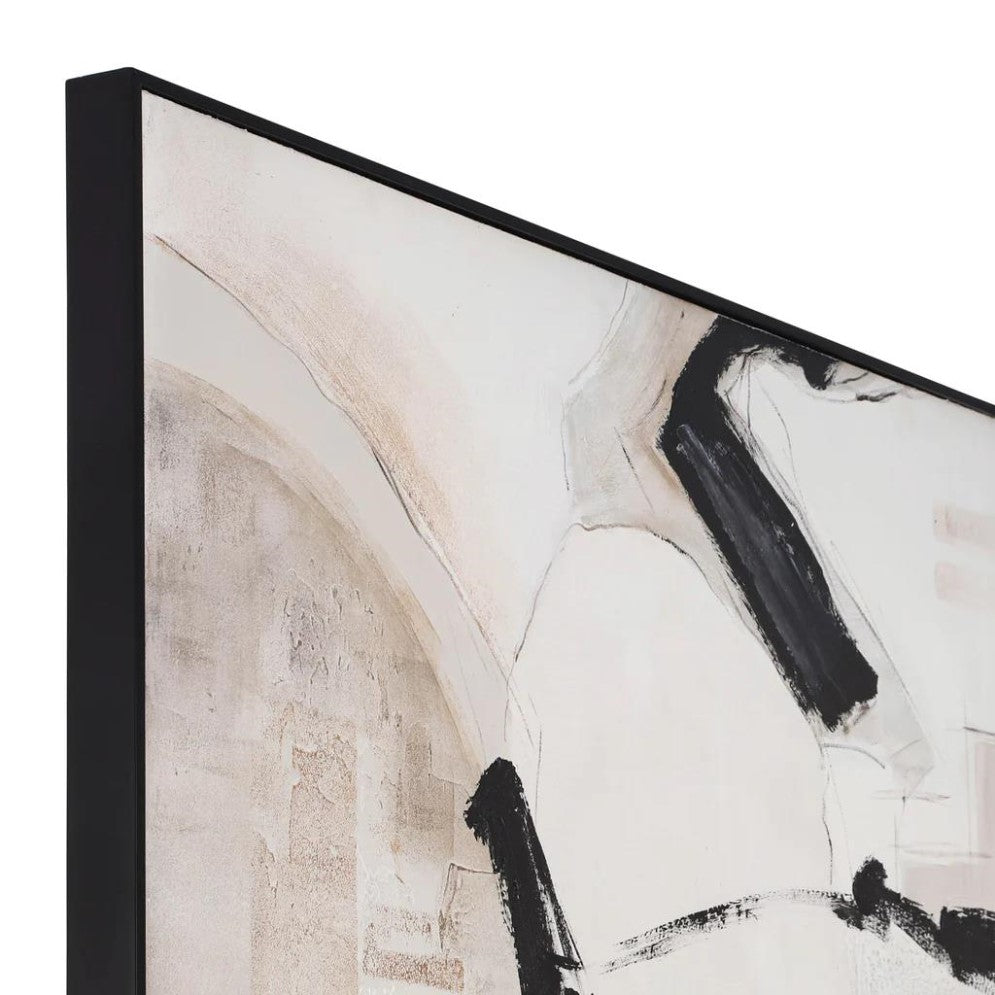 Abstract painting with bold black strokes and muted tones.