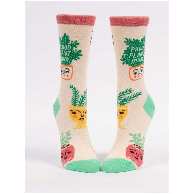 Beige socks with plant pot cartoons and "Proud Plant Mom" text.