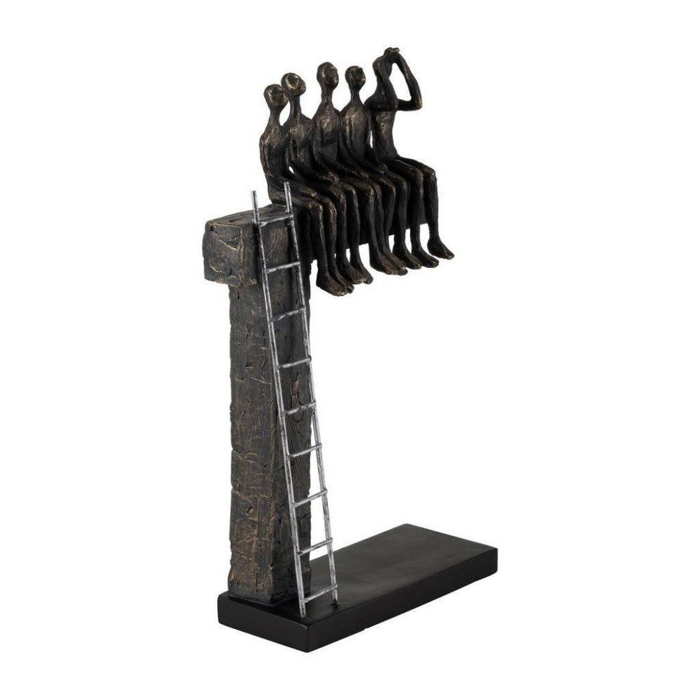 Metal figures sitting on a pillar with a ladder.