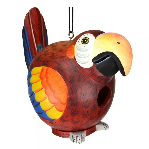 Colorful bird-shaped birdhouse with a large beak, hanging by a wire.