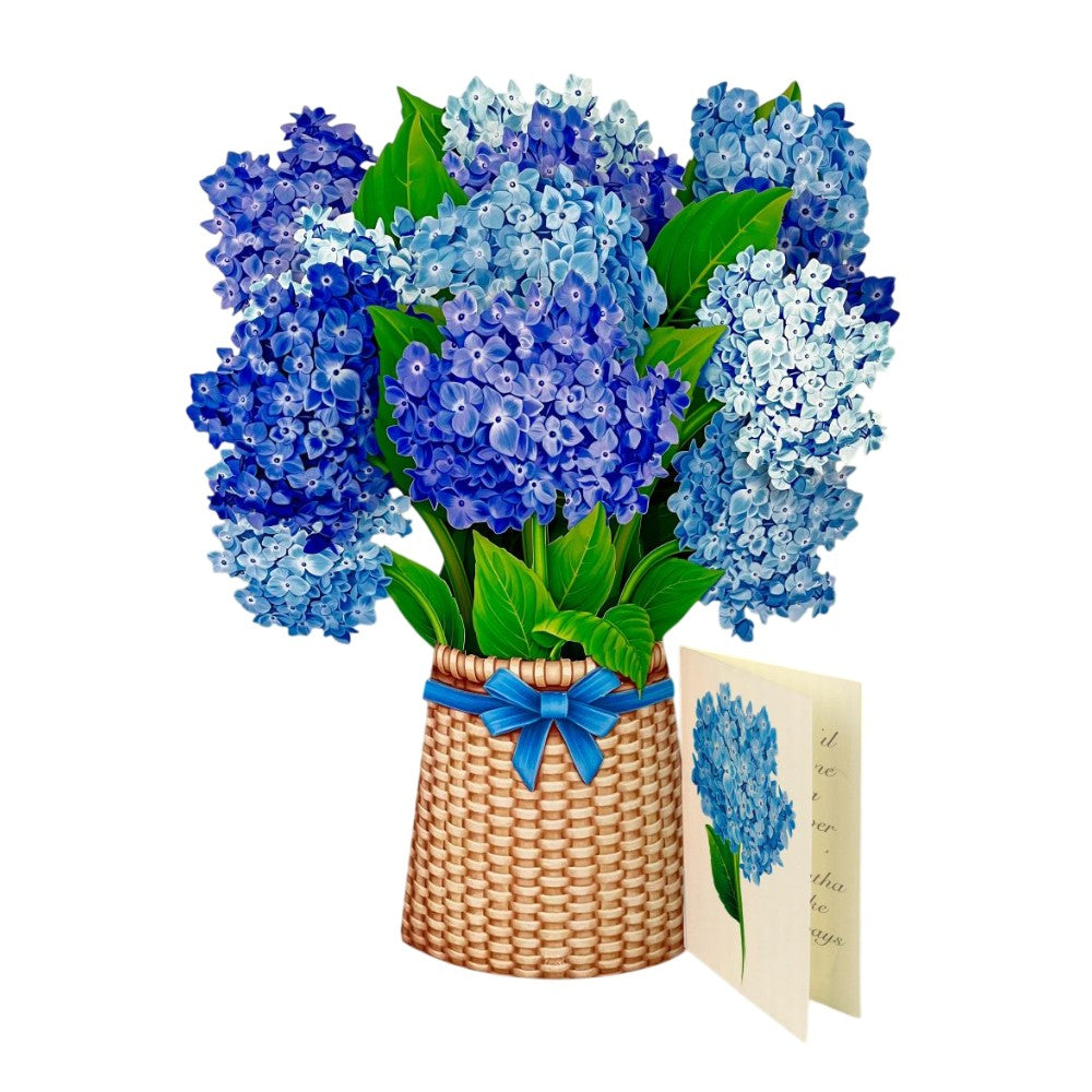 Blue hydrangeas in a basket with a greeting card.