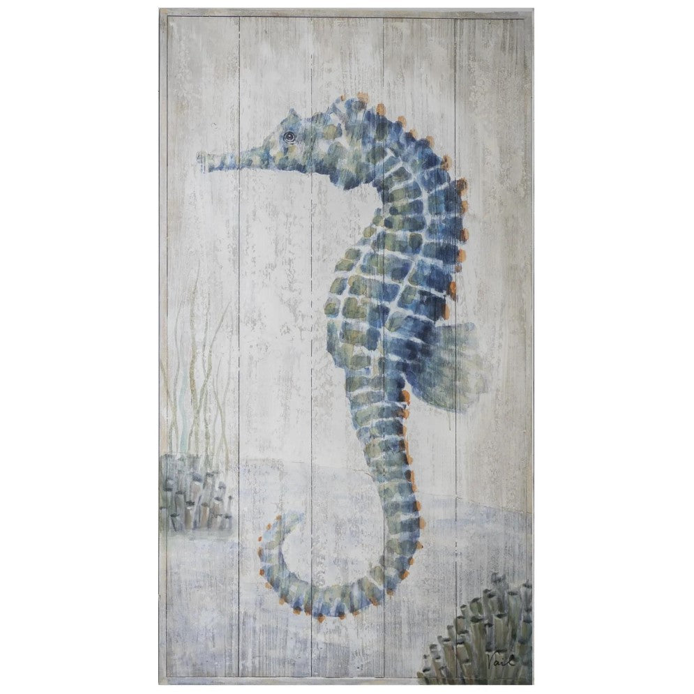 Blue seahorse illustration on wooden plank background.