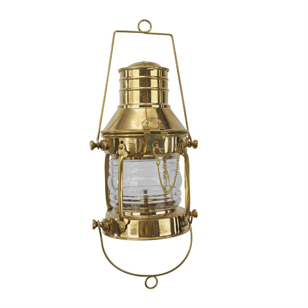 Brass nautical lantern with clear glass and hanging handle.