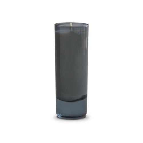 Tall, gray cylindrical glass candle with a single wick.
