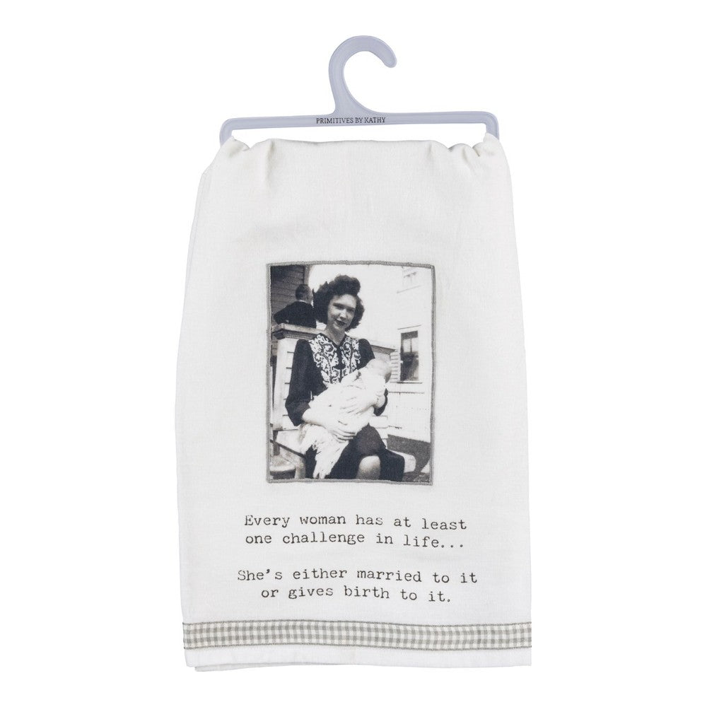 Vintage photo on towel with humorous text about life's challenges.
