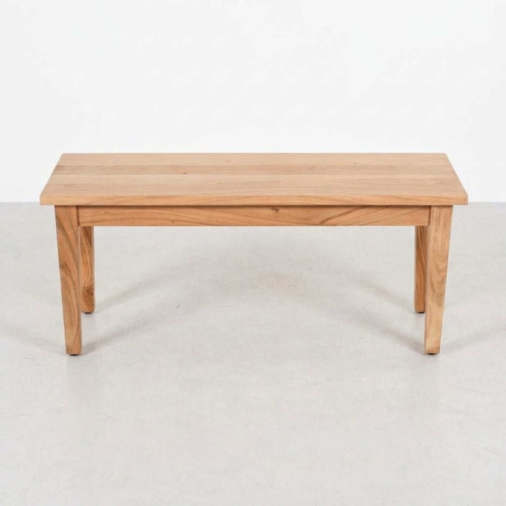 Wooden bench with simple, sturdy design.
