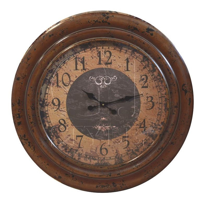 Vintage clock with rustic, weathered brown finish.