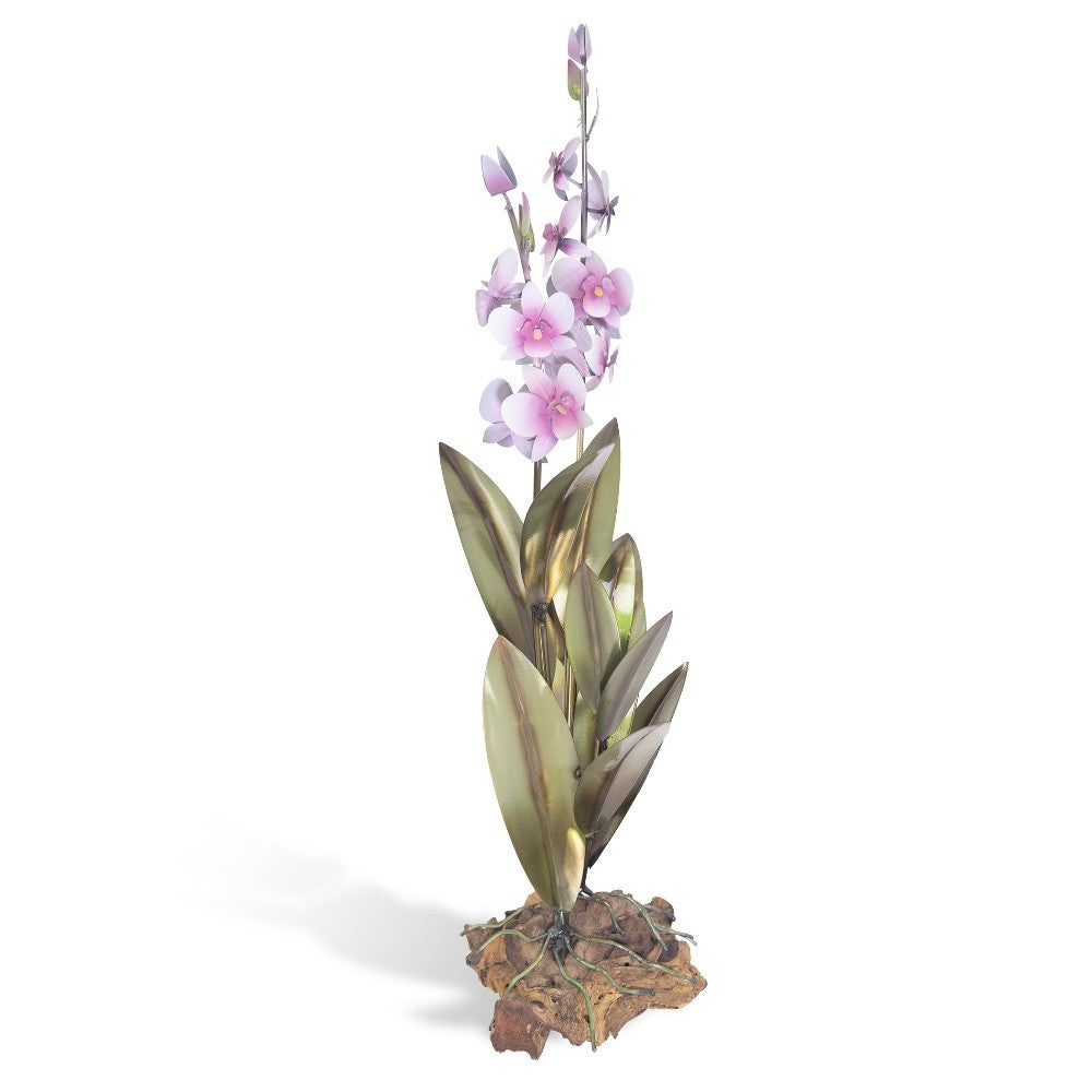Metal orchid sculpture with purple petals on a stone base.