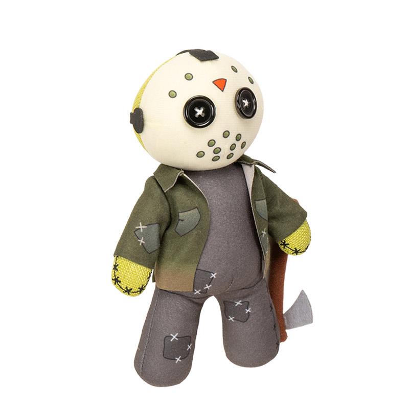 Plush doll with button eyes and hockey mask design, holding an axe.