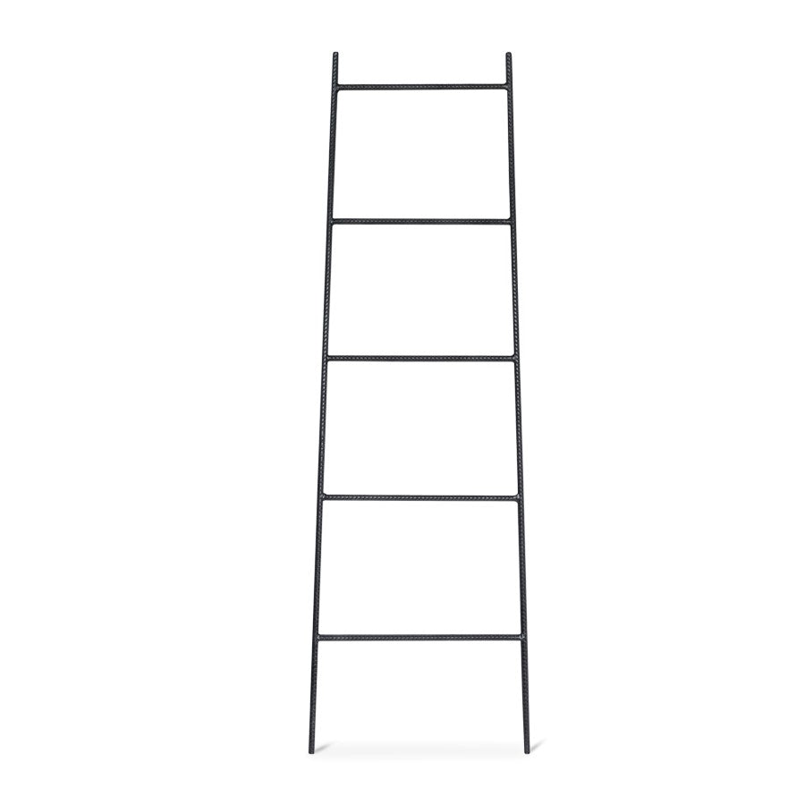 Black ladder with five rungs against white background.