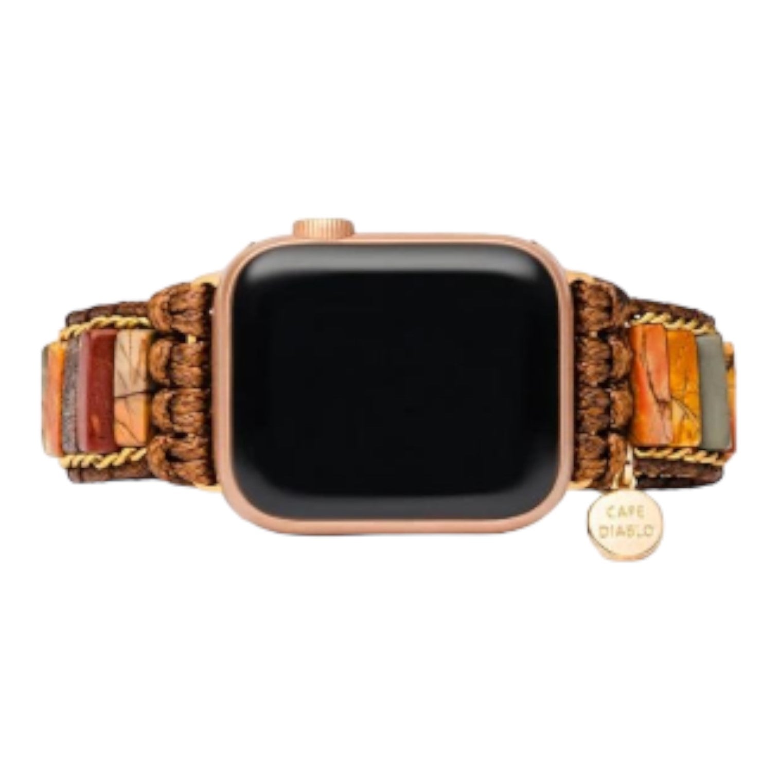 Smartwatch with a woven band and earthy stone accents.