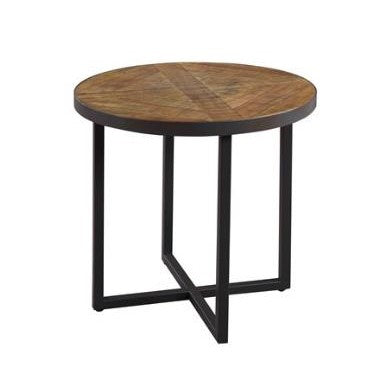 Round wooden table with a metal cross-leg base.
