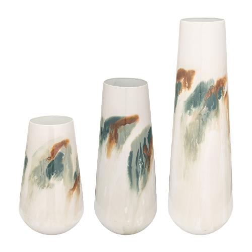 Three white vases with abstract blue and brown patterns.