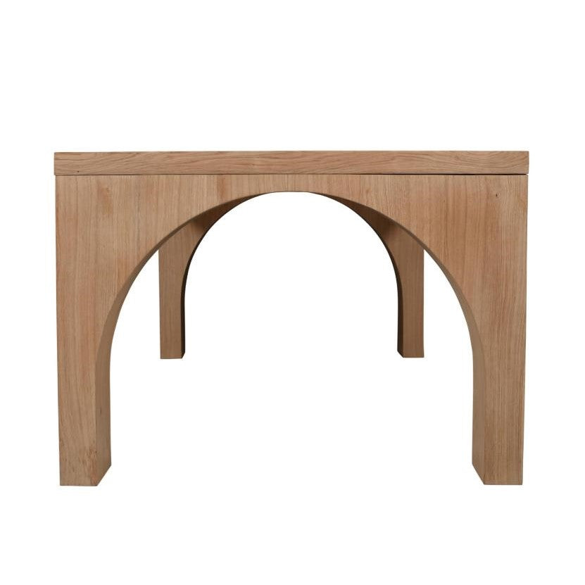 Simple wooden bench with an arched base design.