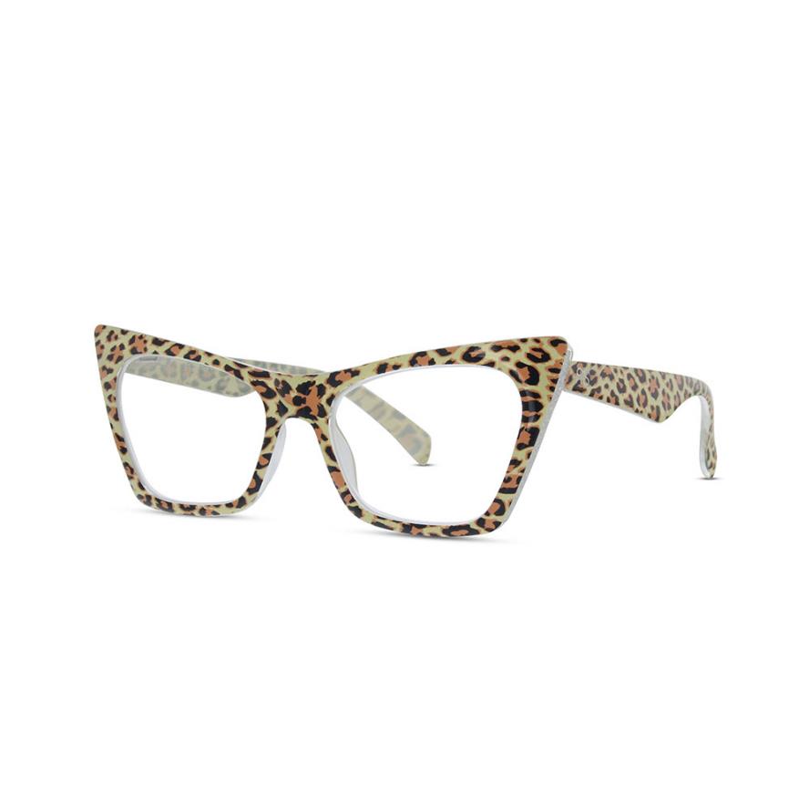 Leopard print cat-eye glasses with wide arms.