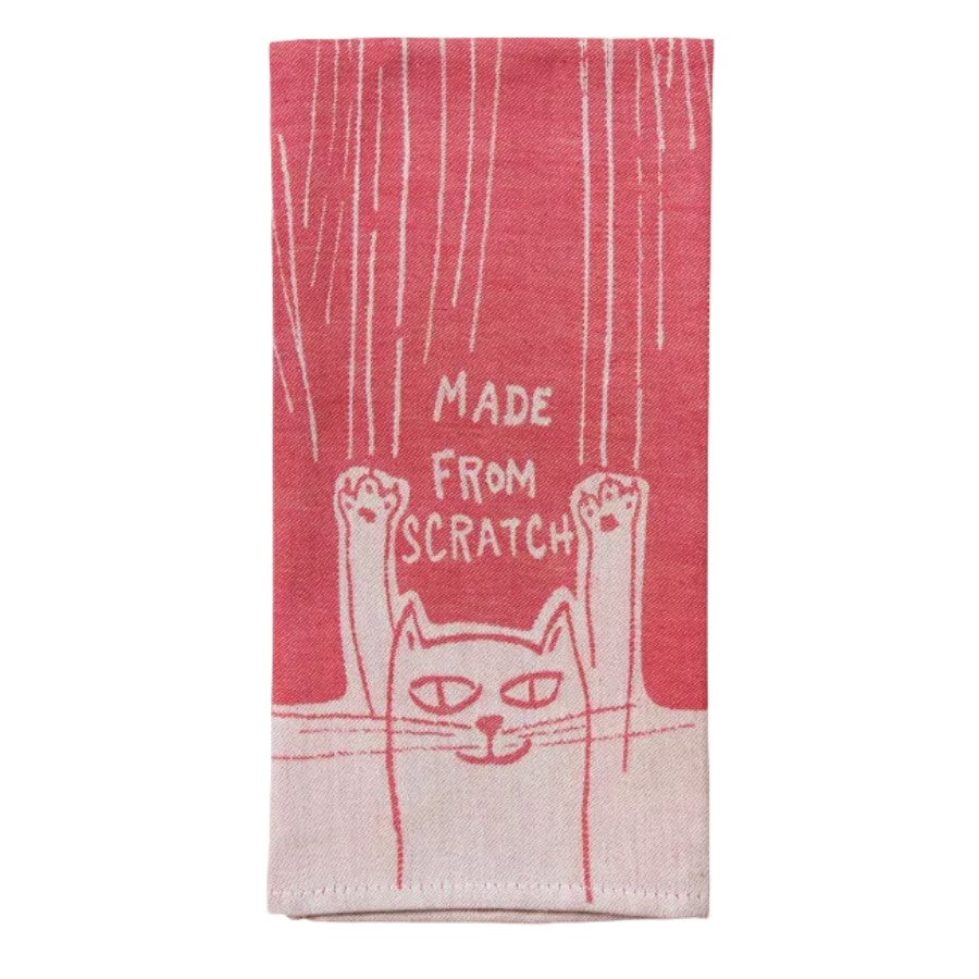Cat design towel with "Made from Scratch" text.