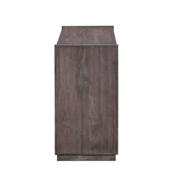 Side view of a wooden cabinet with a dark finish.
