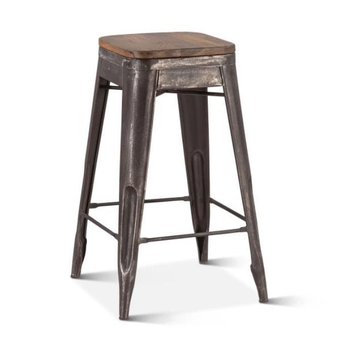 Metal stool with a wooden seat and industrial design.