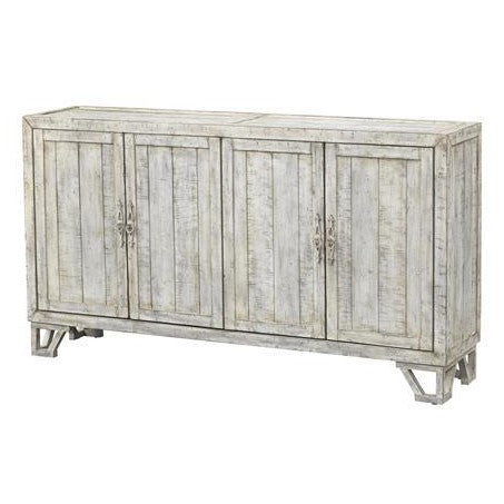 Rustic white wooden sideboard with four doors and decorative handles.
