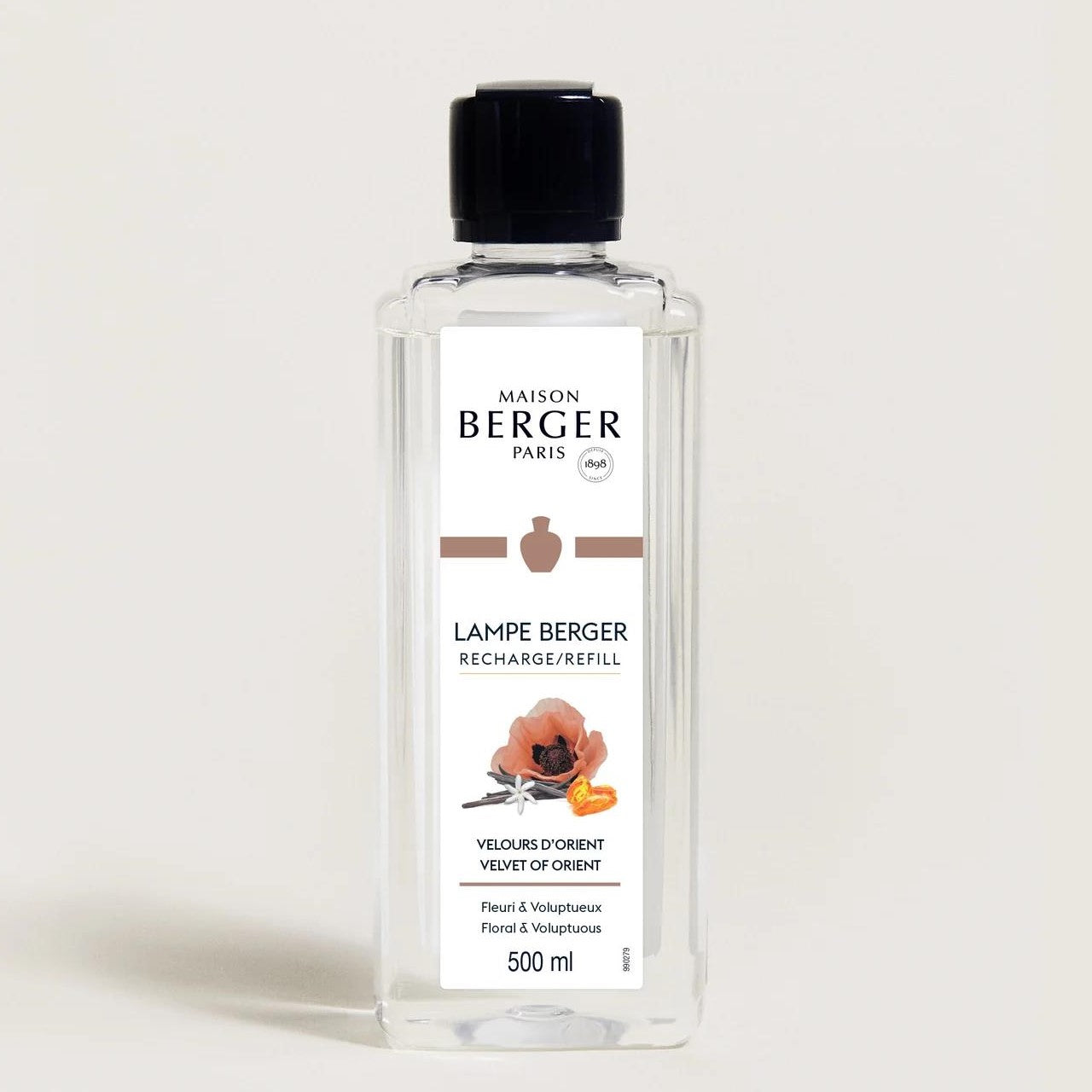 Clear bottle of Maison Berger Paris Lampe Berger refill, Velvet of Orient scent.