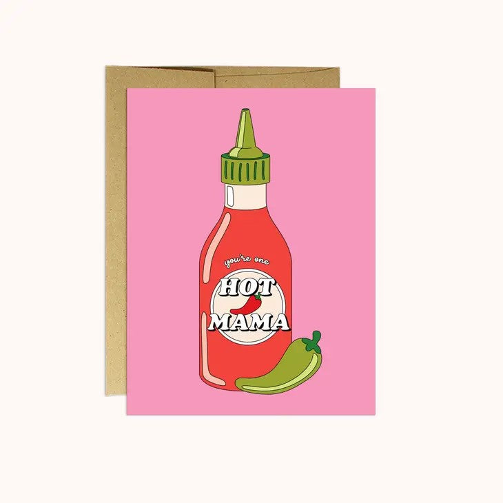 Hot sauce card with "HOT MAMA" text on a pink background.