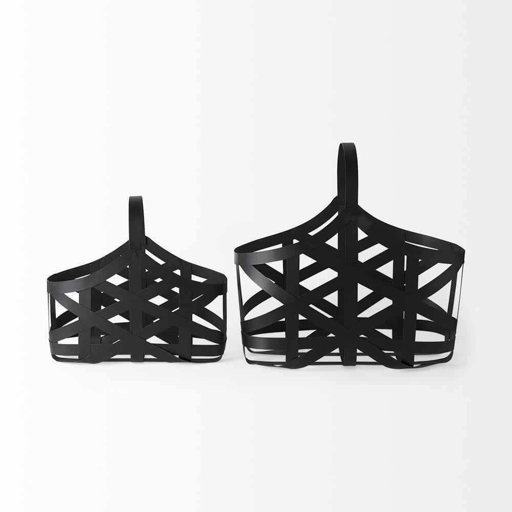 Two black woven baskets with handles.