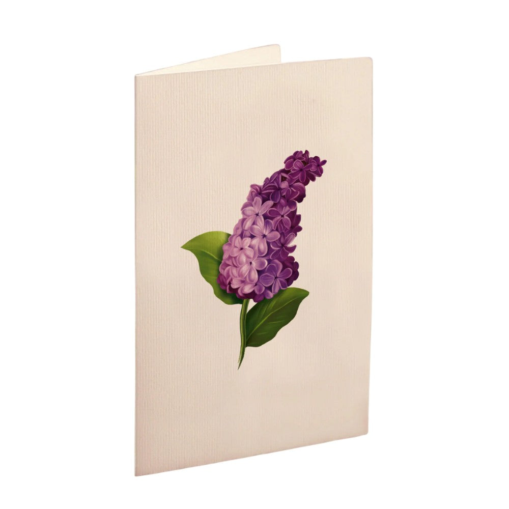 Beige card with a purple lilac flower design.