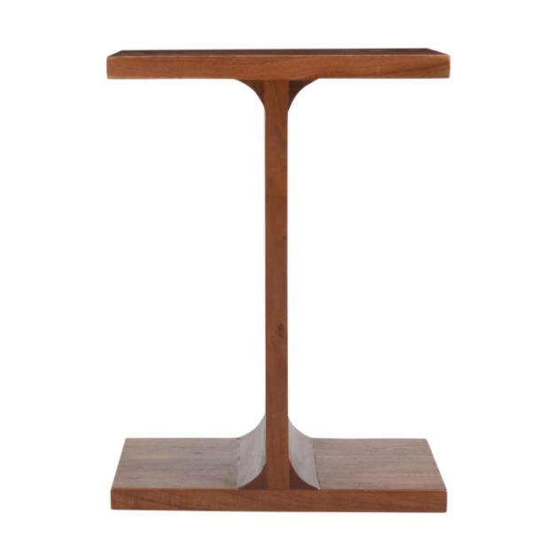 Wooden T-shaped side table with minimalist design.