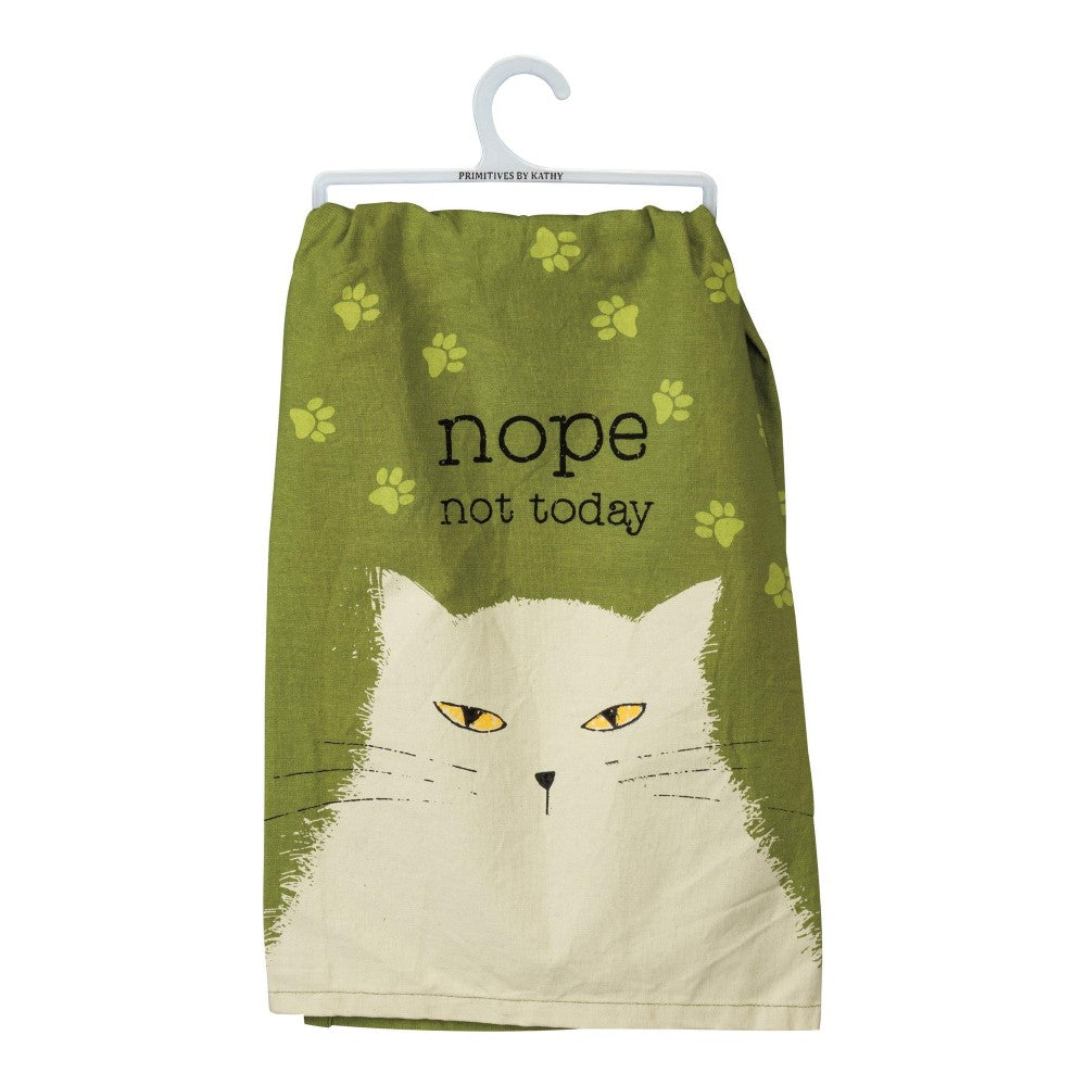 Green towel with a cat design and "nope, not today" text.