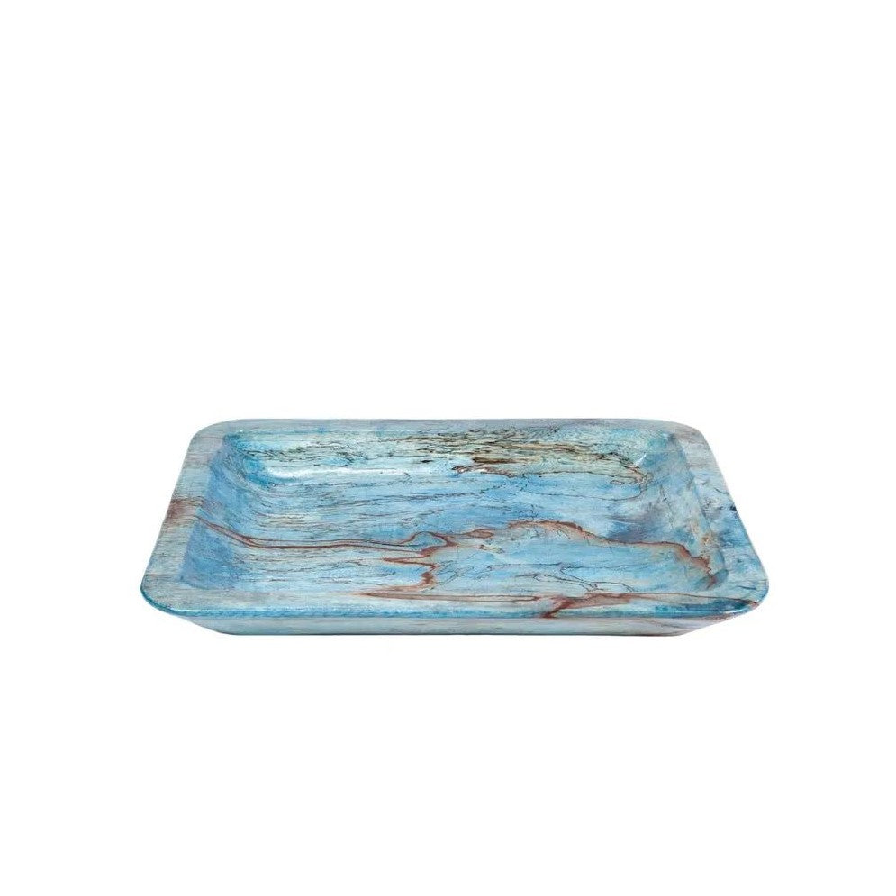 Rectangular, textured blue tray with a marbled pattern.