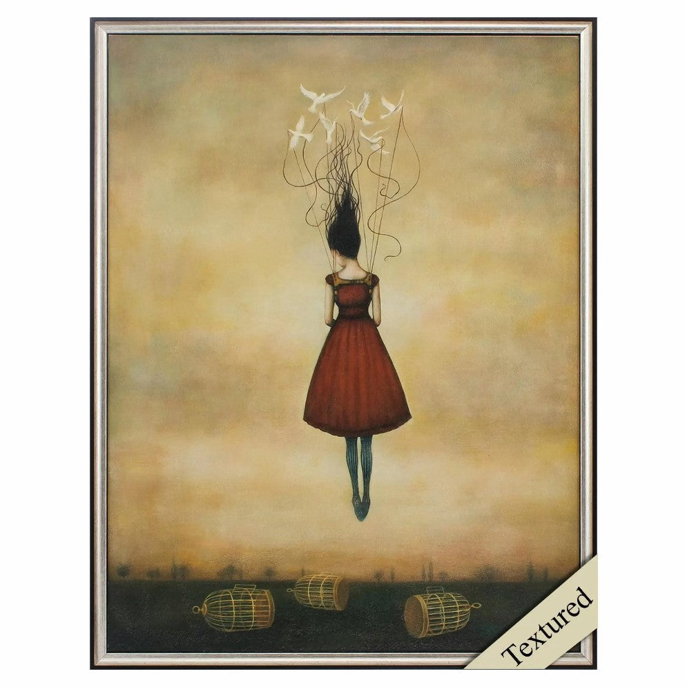 Surreal girl floating with birds and cages, textured art.